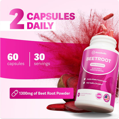 ROSABELLA ORGANIC BEET ROOT CAPSULES- 130OMG BEET RO0T POWDER AIDSHEALTHY CIRCULATION & VITALITY, NON-GMO, BEET ROOT SUPPLEMENT
