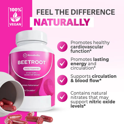 ROSABELLA ORGANIC BEET ROOT CAPSULES- 130OMG BEET RO0T POWDER AIDSHEALTHY CIRCULATION & VITALITY, NON-GMO, BEET ROOT SUPPLEMENT
